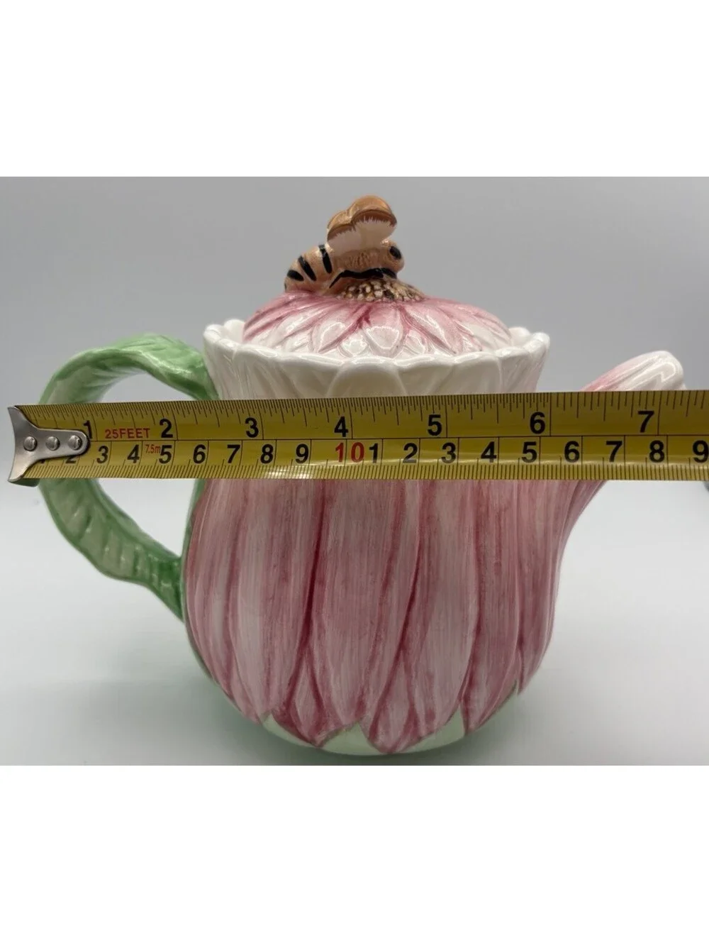 Vintage The Bombay Company Pink Gerber Daisy Teapot with Bumble Bee Lid